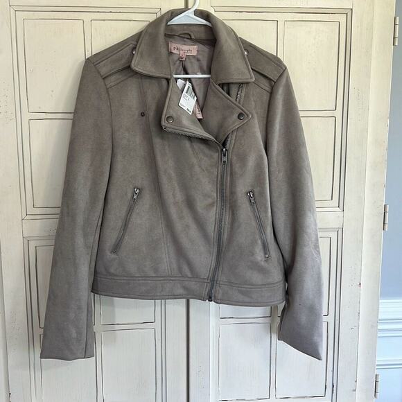NWT Philosophy size large beige faux suede bomber jacket - Picture 1 of 4
